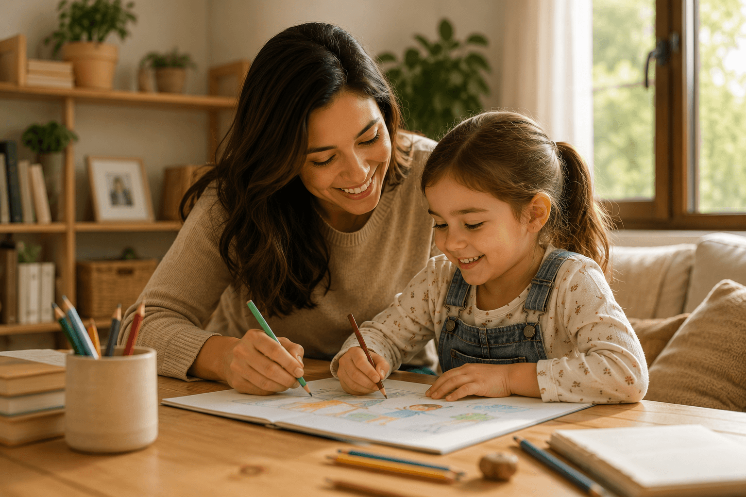 Mãe e filha fazendo atividade offline